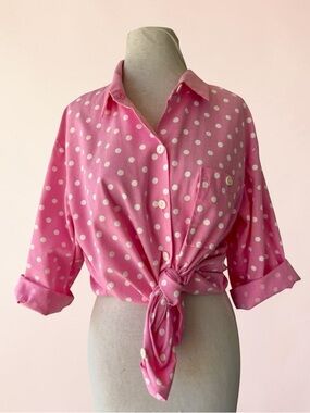 Vtg 80s Pink Polka Dot Button Up Top 3/4 Sleeve Sz 16 Barbie XL 90s